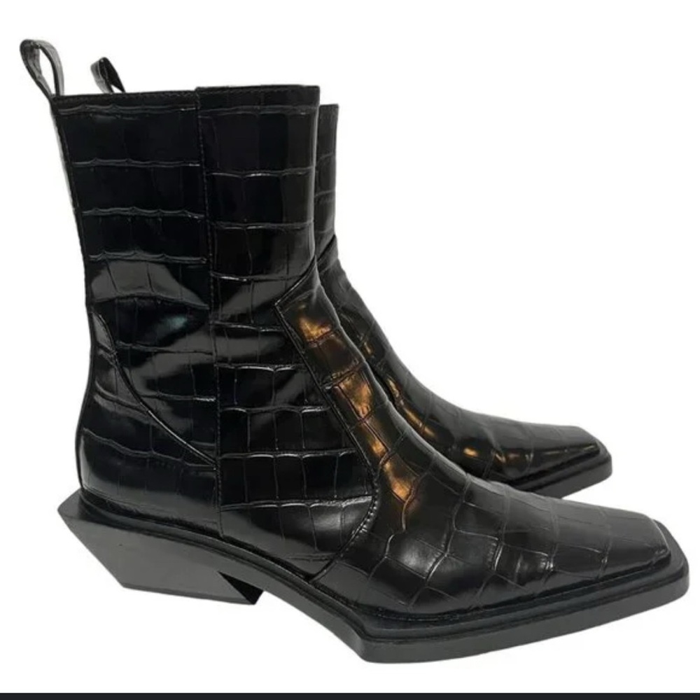 Zara Black Croc-Embossed Patent Ankle Boots
